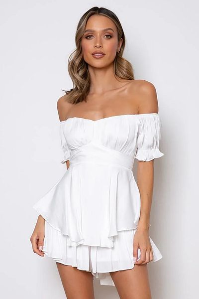 FASHION COCKTAIL Self Fabric Belt Tie up Waist Hugging Dress Look Madonna Collar Off Shoulder Shorts Jumpsuit