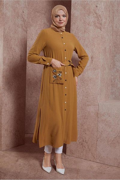 Alvina Long Tunic - Floral Embroidery, Button and Belt 43732