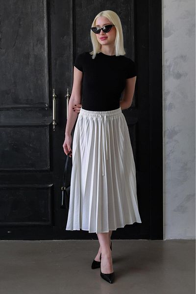 Madmext Ecru Pleated Midi Length Women's Skirt Mg2393