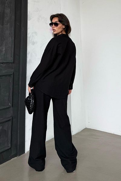 Madmext Black Linen Women's Shirt and Trousers Double Suit Mg2356