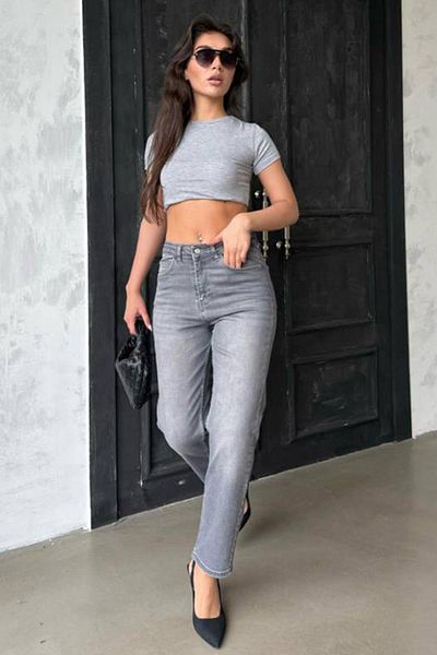 Madmext Γκρι ψηλόμεσο γυναικείο παντελόνι Mom Fit Mg2389