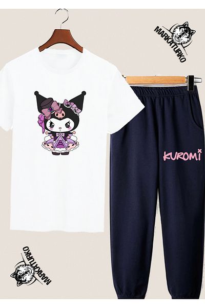 MarkaTurko Kuromi Exclusive Design Summer White Tshirt-Dark Blue Sweatpants Combo 98011-100