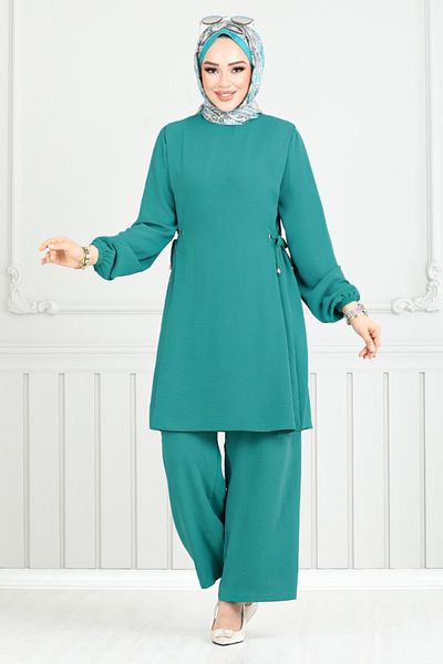 ModaMerve Costum Hijab cu dantelă laterală 3004BM1076-M Petrol deschis