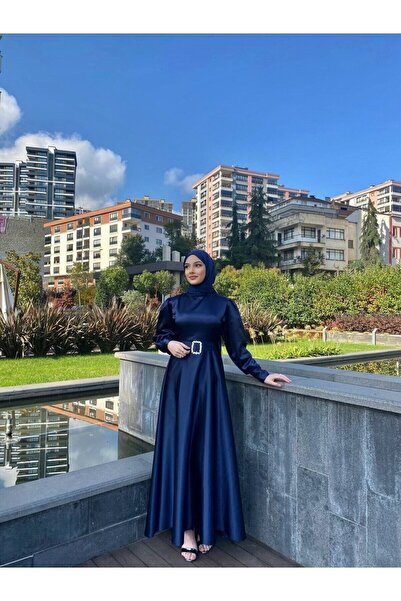 LAVENDEL Γυναικείο φόρεμα Bellae Navy Blue με σατέν ζώνη