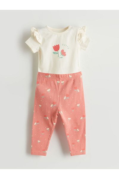 LC Waikiki New Season Organic Fabric Floral Baby Girl Citcitli Bodysuit and Leggings 2-Piece - S5Hl48Z1