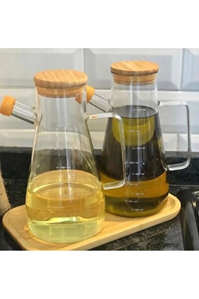 MODA OZY وعاء زيت زجاجي من البورسليكات مع غطاء من الخيزران وقاعدة خشبية سعة 9...