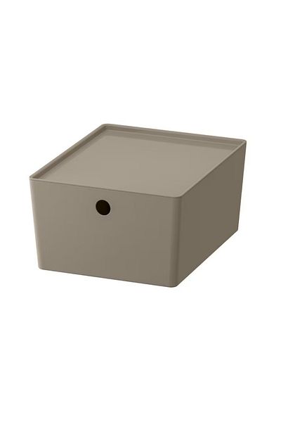 IKEA KUGGIS Box with Lid, Dark Grey-Beige, 26x35x15 cm – Stackable Storage Solution
