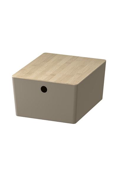 IKEA KUGGIS Box with Lid, Dark Grey-Beige/Bamboo, 26x35x15 cm – Stylish & Stackable Storage