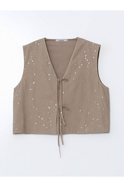 LC Waikiki Xside Brown V-Neck Embroidered Women's Classic Vest