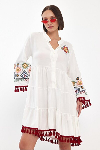 NUR TEKSTİL kadın Ponponlu Çiçek Nakışlı 100% viskon Ponponlu Çiçek Nakışlı e...