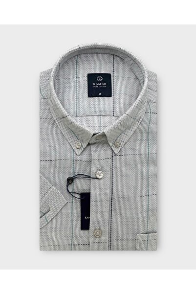 KAMER Men Regular Fit Short Sleeve 100% Cotton Button Collar Single Pocket White Shirt 9385B