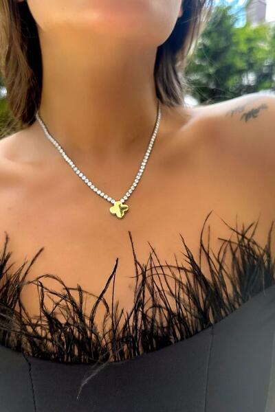 MyladyAccessoriess Yonca Plaka Detaylı Zirkon Suyolu Çelik Kolye