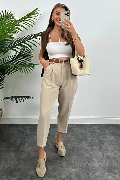 X24MODA Kemerli Boy Frend Pantolon Yüksek Bel Kısa Paça