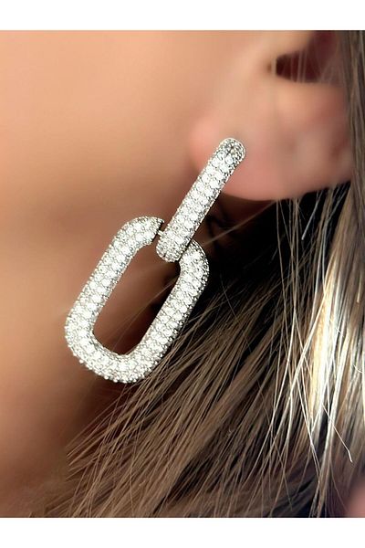 MyladyAccessoriess Special Series Rectangular Plate Detailed Zircon Stone Dangle Earrings (Silver Plated)