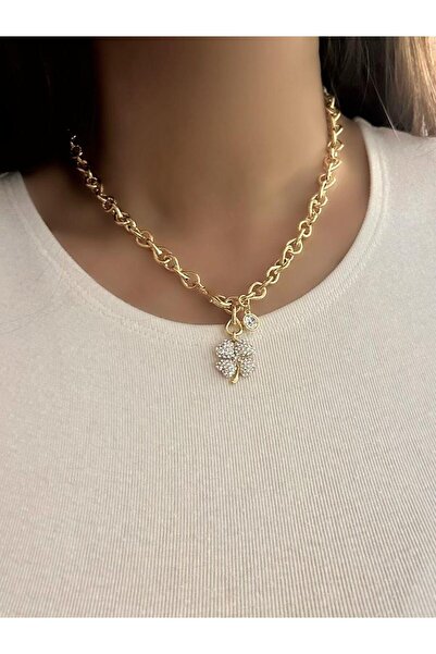 MyladyAccessoriess Zirkon Taş Detaylı Yonca Çelik Kolye