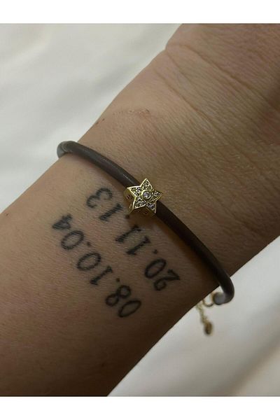 MyladyAccessoriess Steel Bracelet with Zircon Stone Star Figure and Black Piping Strap Detail