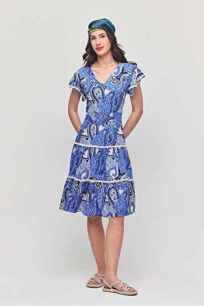 Denismoda Жіноча сукня з V-подібним вирізом, мереживною обробкою та міні-довж...