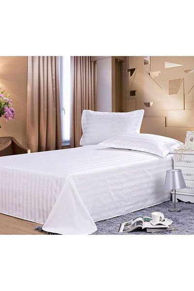 Kotonia Home Hotel Damask Bed Sheet With Wide Stripes, 100% Cotton, White, 180x240 Cm