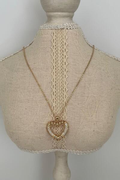 MyladyAccessoriess Zirkon Taş Detaylı Bombeli Kalp Kolye (18k Altın Kaplama)
