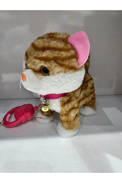 PeriYedi Kedi Tasmalı Kumandalı Yürüyen Sevimli Kedi Peluş Kedi Tasmalı Kedi Sarı