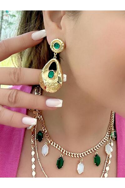 MyladyAccessoriess Special Design Stone Detailed Dangle Gold Earrings Green