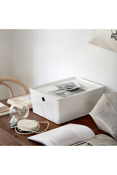IKEA KUGGIS Box with Lid, White, 26x35x15 cm – Stackable Storage for Home & Office