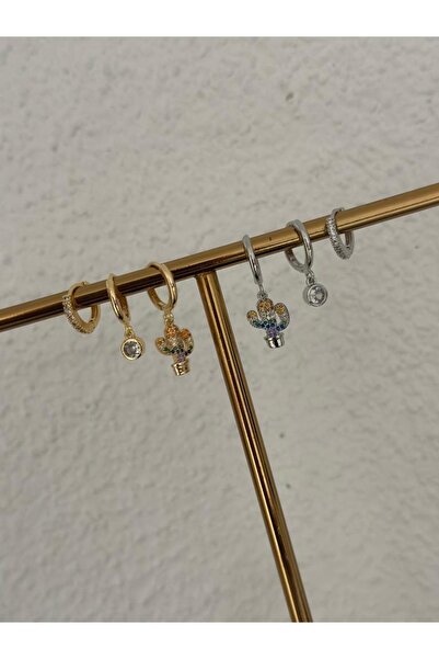 MyladyAccessoriess Renkli Zirkon Taş ve Kaktüs Detaylı Üçlü Set Küpe Gold