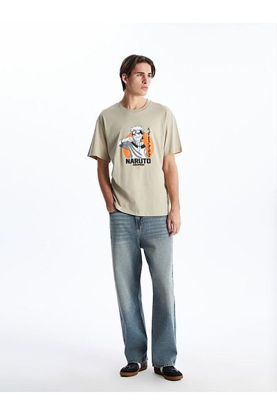LC Waikiki Xside Beige Crew Neck Short Sleeve Naruto Printed Combed Cotton Men's T-Shirt