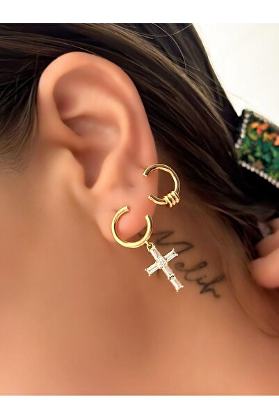 Minimal Double Steel Earrings with Baguette Stone Detail Swinging Cross Figure