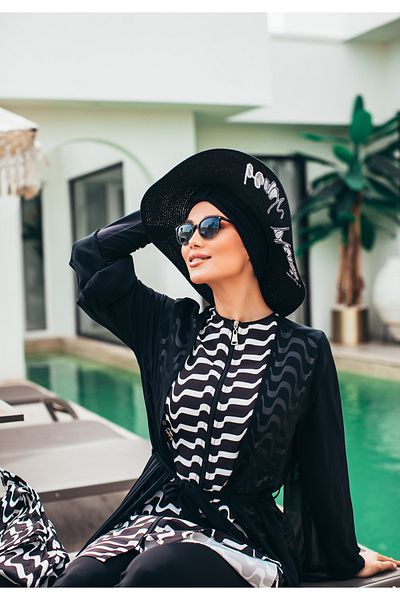 MASSMİZO Vera Noir Women's Short Patterned Zippered Full Covered Hijab Swimsuit Set of 3