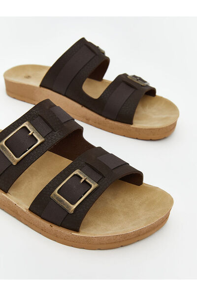 LC Waikiki Brown Leather Look Double Striped Men's Slippers