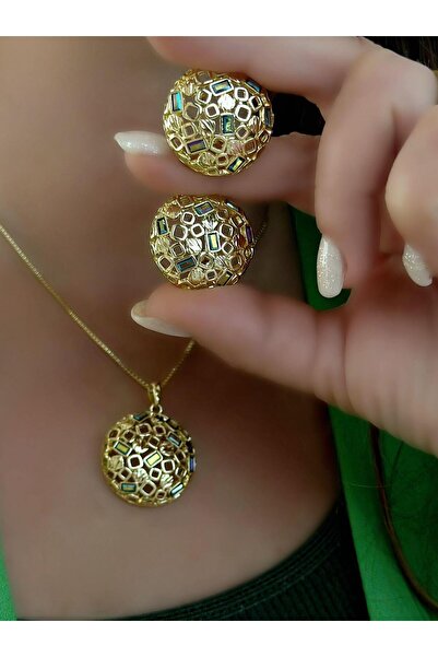 MyladyAccessoriess 14K Altın Kaplama Kare Detaylı Set Takı (Kolye Set)