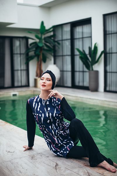 MASSMİZO Electra Women's Short Patterned Zippered Full Covered Hijab Swimsuit Set of 3