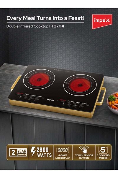 İMPEX Double Infrared Cooktop 2800w- Ir 2704, 2 Burner Electric Stove 5 Modes 8 Power Levels 4-hour Timer