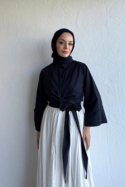 MODAMERSİ Γυναικείο μαύρο πουκάμισο με κορδόνια με λεπτομέρειες