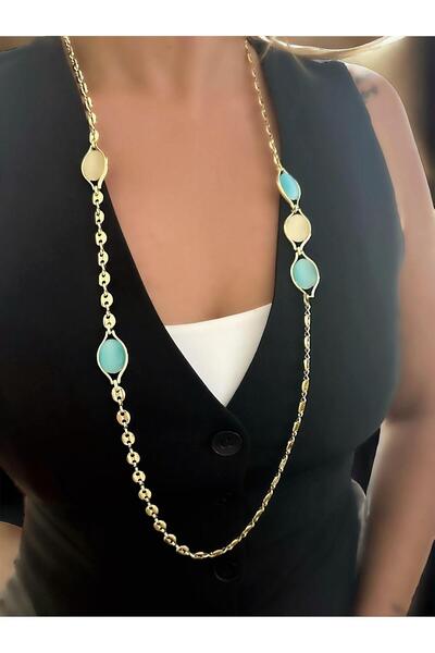 MyladyAccessoriess 14K Altın Kaplama Zincir ve Renkli Taş Detaylı Kolye (110 cm)