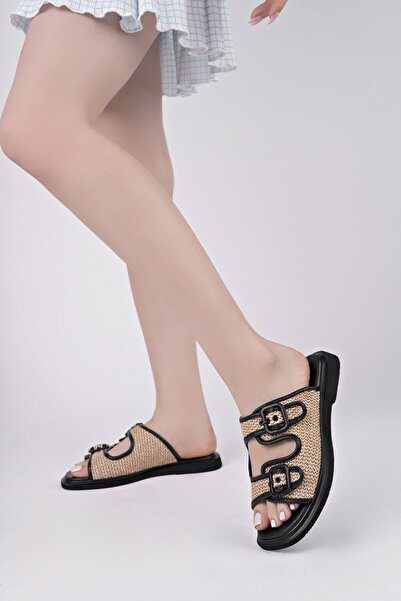 MUGGO Sarle Double Banded Adjustable Belted Women's Daily Straw Slippers