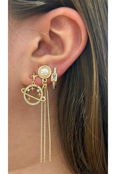 MyladyAccessoriess Gezegen Ve İnci Detay Set Küpe (Çelik) Gümüş
