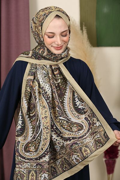 aldyoo Retro Ethnic Pattern Cotton Viscose Shawl Buff Green