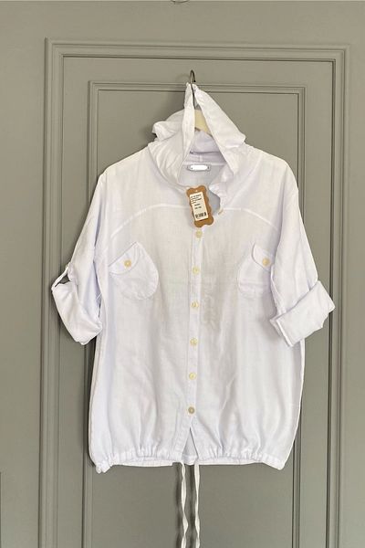 Bİ.GİYSEN Women's White Large Size Back Butterfly Embroidered Sleeve Fold Cotton Linen Fabric Shirt Jacket
