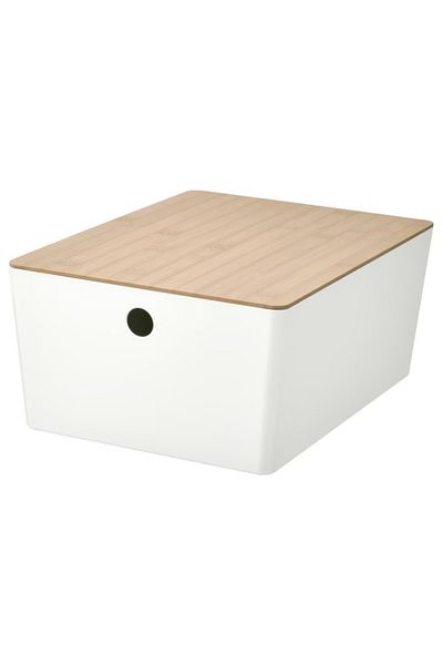 IKEA KUGGIS Box with Lid, White/Bamboo, 26x35x15 cm – Stackable Storage Solution