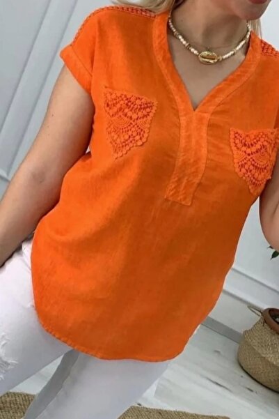 Bİ.GİYSEN Kadın Turuncu Omzu Ve Cebi Güpürlü Keten Kumaş Kısa Kol Buluz Gömlek