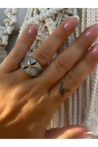 MyladyAccessoriess خاتم من الفولاذ بحجر الزركون والذهب بتفاصيل X قابل للتعديل