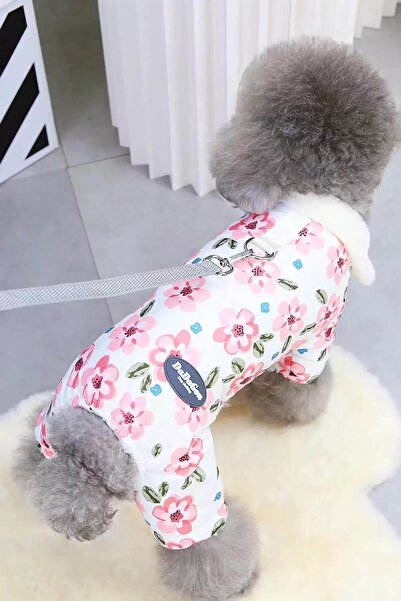 CAŞ DEKORASYON White Color Flower Figured Waterproof Thick Feather Lined XXL Dog Coat