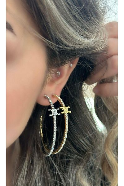 MyladyAccessoriess Medium Size Cc Zircon Stone Detailed Hoop Earrings - Steel & Silver