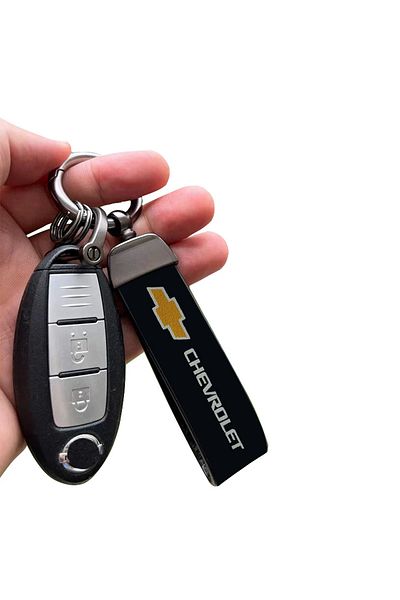 Chevrolet Logo Leather Keychain with Metal Hook and Split Rings for Car Key – Black