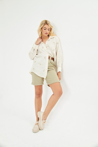 TIFFANY&TOMATO Nakışlı Müslin Keten Görünümlü Gömlek