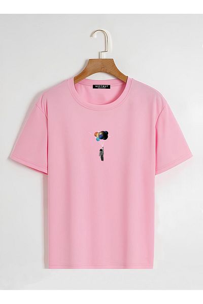 SOFTWAY Unisex Oversize Crew Neck Balloon Astronaut Basic T-Shirt - ΡΟΖ