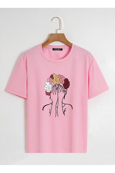 SOFTWAY Unisex Oversize Crew Neck Πολύχρωμο μπλουζάκι με στάμπα με μαλλιά - ΡΟΖ