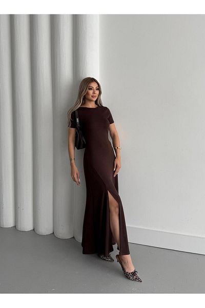 BUKETLİ Women's Crew Neck Lycra Slit Detail Open Back Combed Cotton Flared Dress